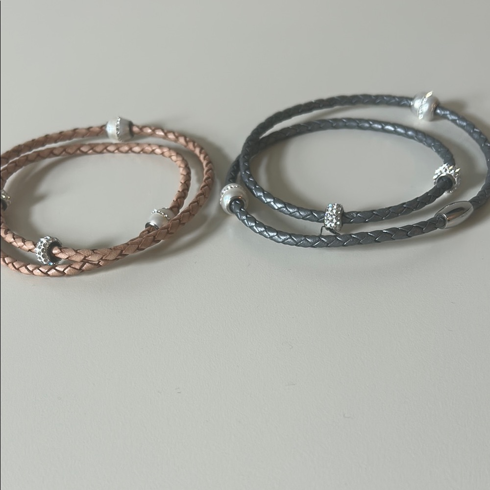 Braided Leather Bracelet Set - camel and pewter braided magnetic bracelet.